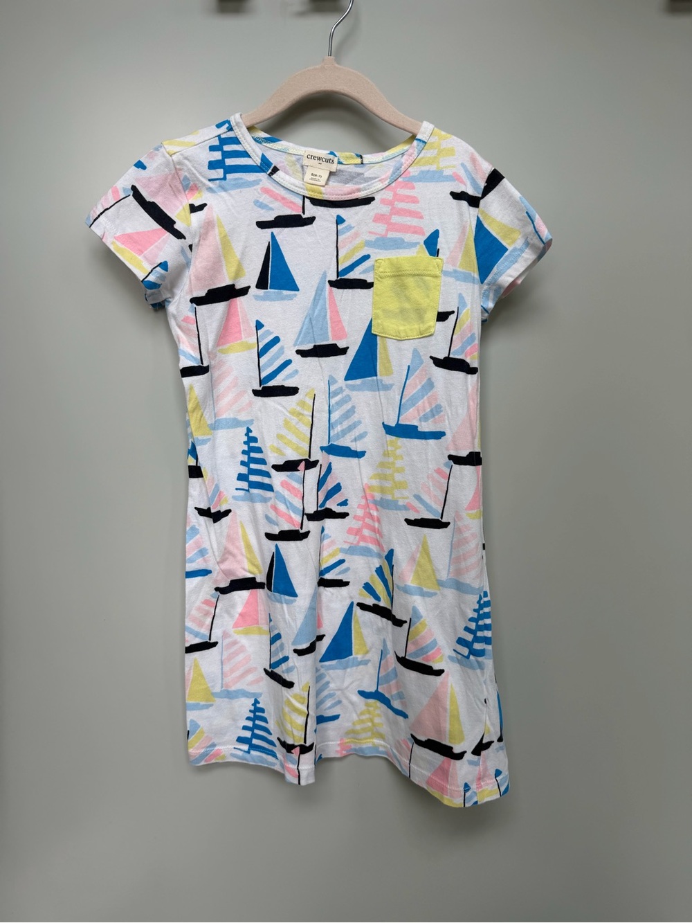 Crewcuts White Sailboat Print Dress with Blue, Pink, Yellow and Black Accents